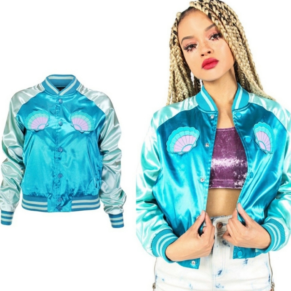 Iron Fist Mermaid For Life Teal Bomber Jacket Medium NWT